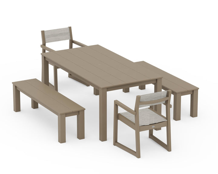 POLYWOOD® EDGE Sling Arm Chair 5-Piece Parsons Dining Set with Benches