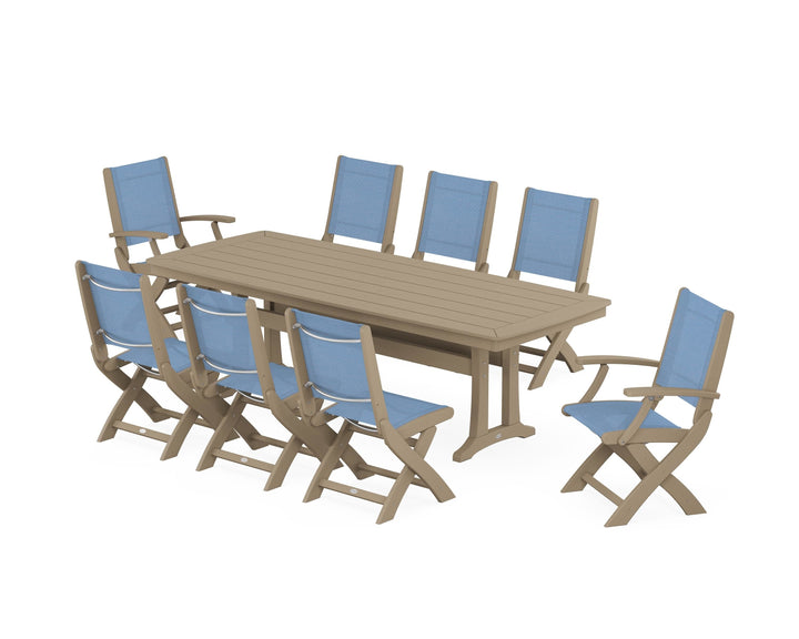 POLYWOOD® Coastal Folding 9-Piece Dining Set with Trestle Legs