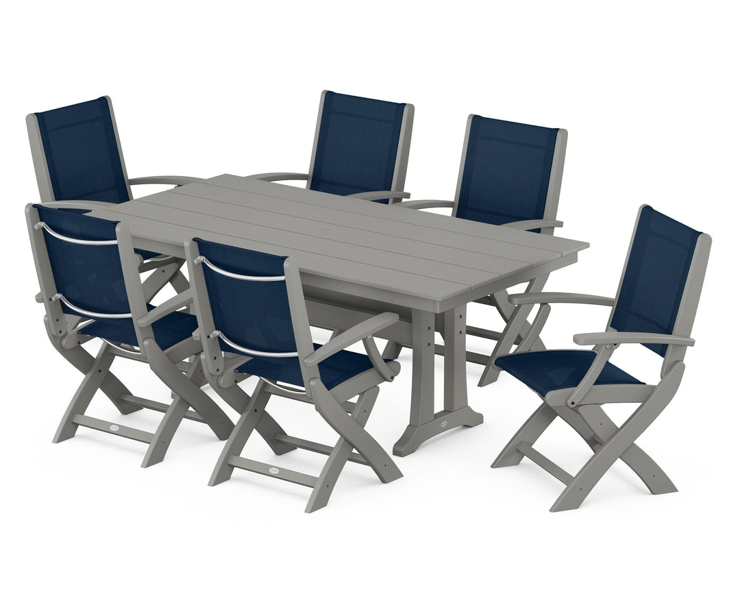 POLYWOOD® Coastal Folding Arm Chair 7-Piece Farmhouse Dining Set with Trestle Legs