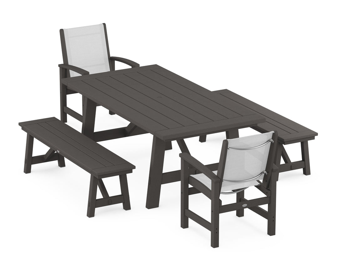 POLYWOOD® Coastal 5-Piece Rustic Farmhouse Dining Set With Benches