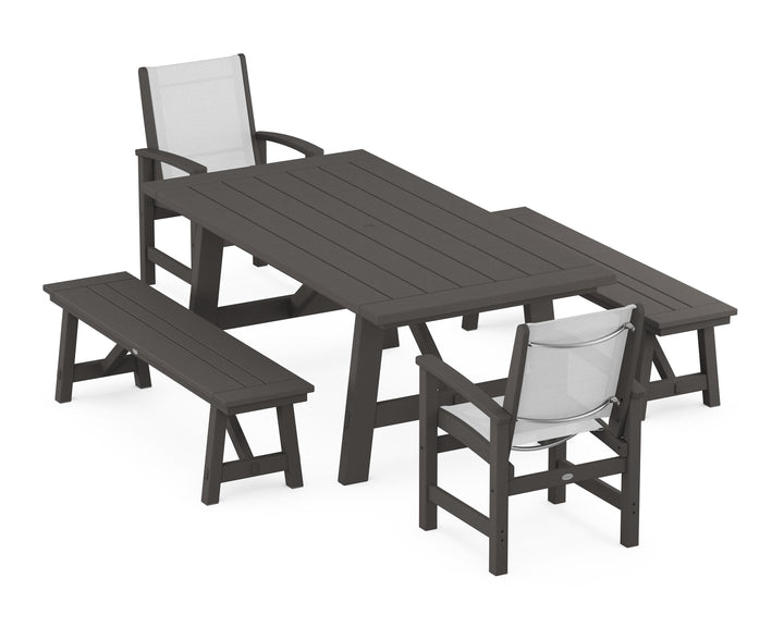 POLYWOOD® Coastal 5-Piece Rustic Farmhouse Dining Set With Benches