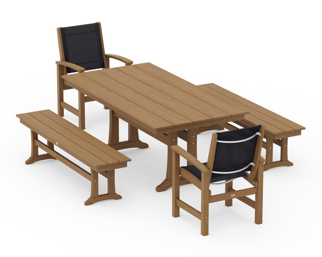 POLYWOOD® Coastal 5-Piece Farmhouse Dining Set with Trestle Legs and Benches