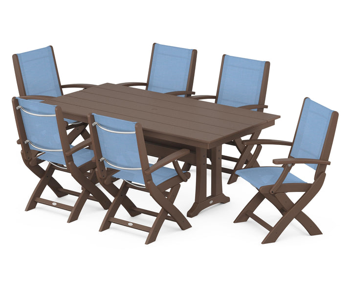 POLYWOOD® Coastal Folding Arm Chair 7-Piece Farmhouse Dining Set with Trestle Legs