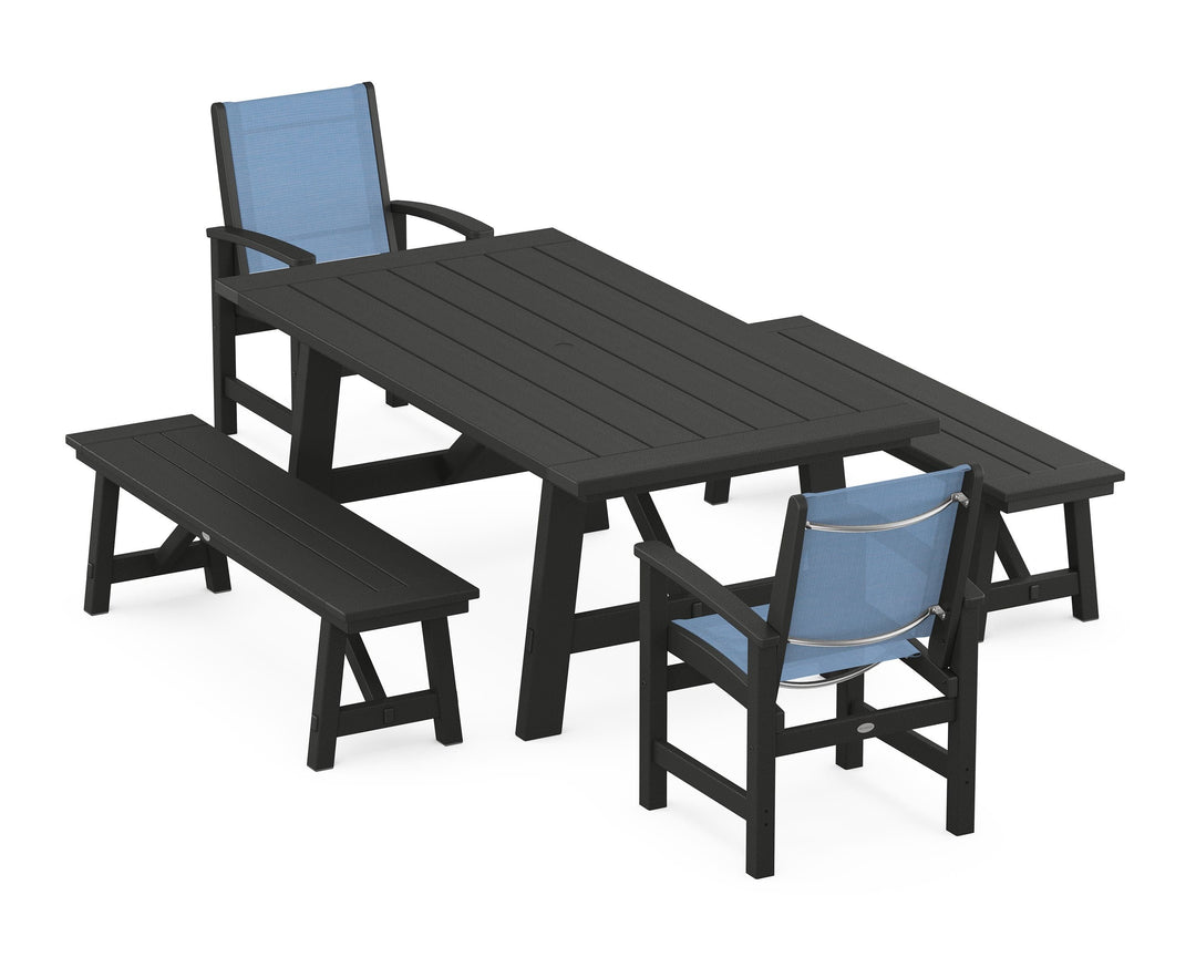 POLYWOOD® Coastal 5-Piece Rustic Farmhouse Dining Set With Benches