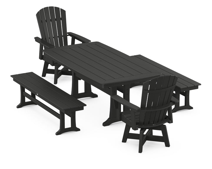 POLYWOOD® Nautical Curveback Adirondack Swivel Chair 5-Piece Dining Set with Trestle Legs and Benches
