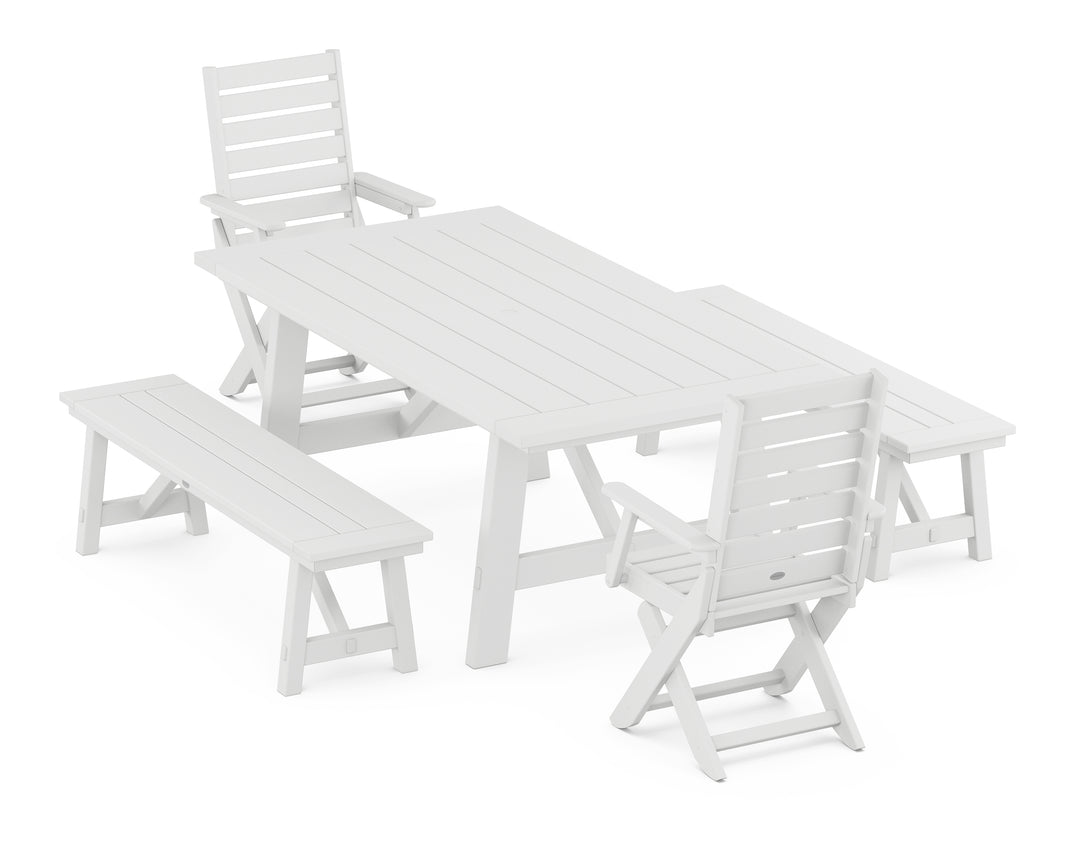 POLYWOOD® Captain Folding Chair 5-Piece Rustic Farmhouse Dining Set With Benches
