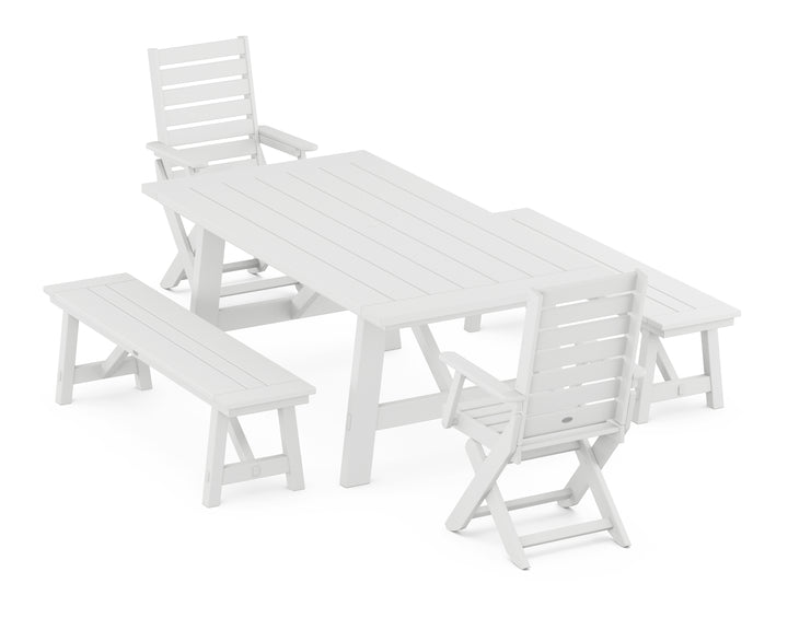POLYWOOD® Captain Folding Chair 5-Piece Rustic Farmhouse Dining Set With Benches