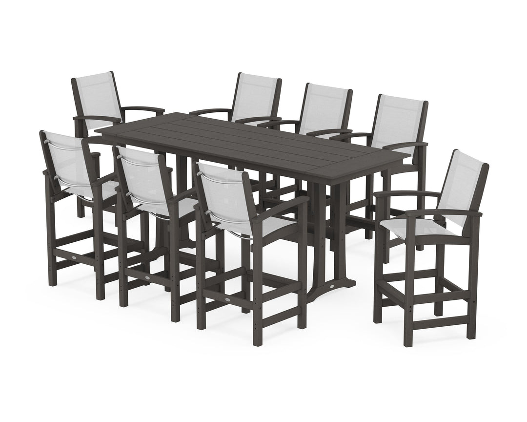 POLYWOOD® Coastal 9-Piece Farmhouse Bar Set with Trestle Legs