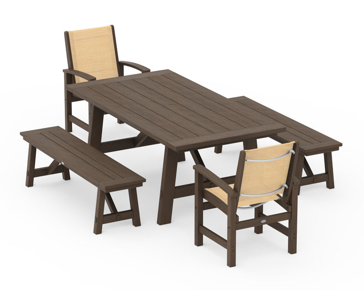 POLYWOOD® Coastal 5-Piece Rustic Farmhouse Dining Set With Benches