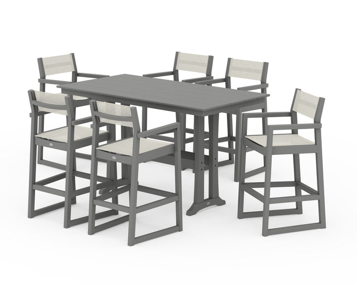 POLYWOOD® EDGE Sling Arm Chair 7-Piece Farmhouse Bar Set with Trestle Legs