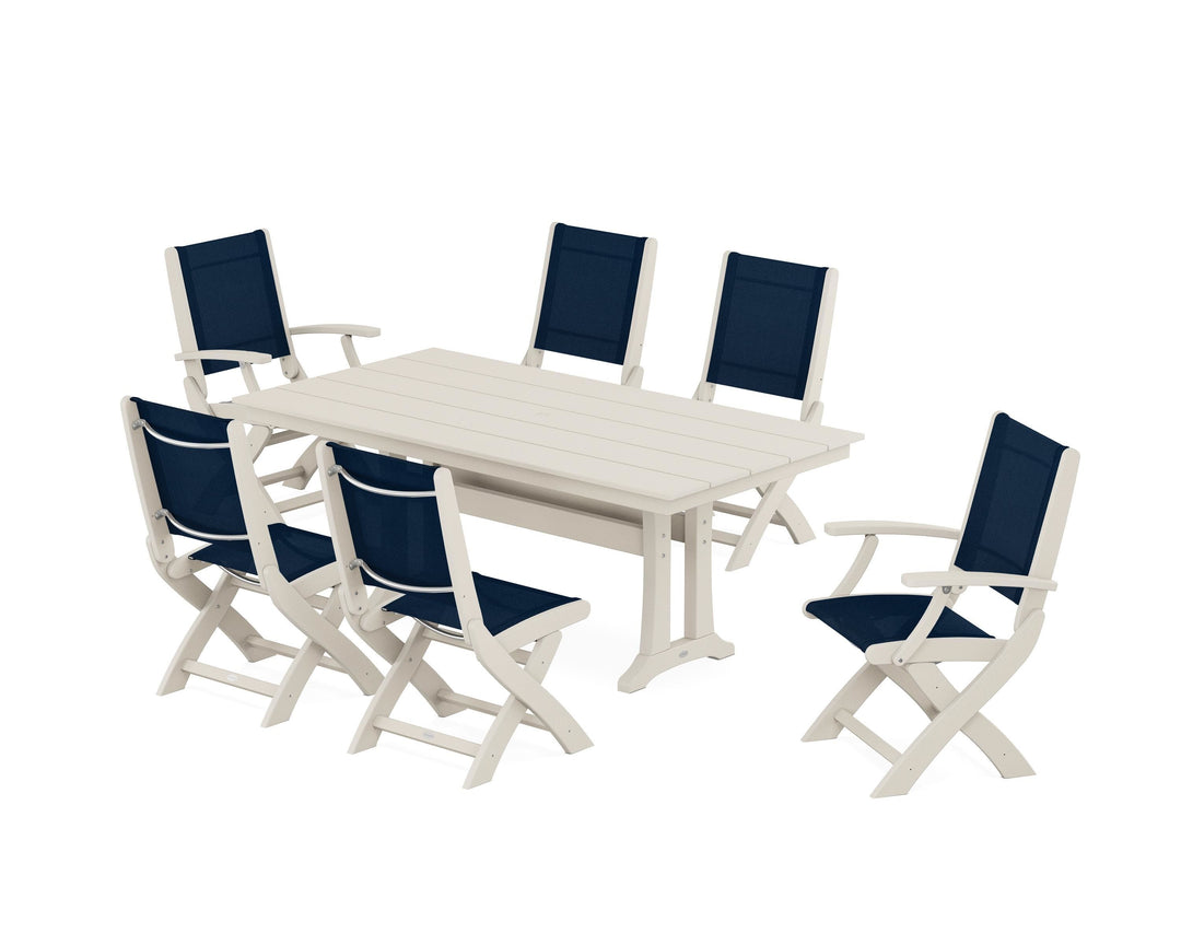 POLYWOOD® Coastal Folding Chair 7-Piece Farmhouse Dining Set with Trestle Legs