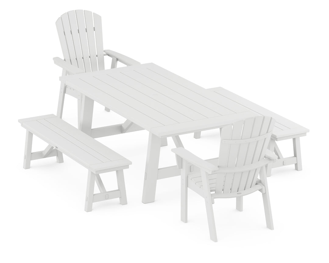 POLYWOOD® Nautical Curveback Adirondack 5-Piece Rustic Farmhouse Dining Set With Benches