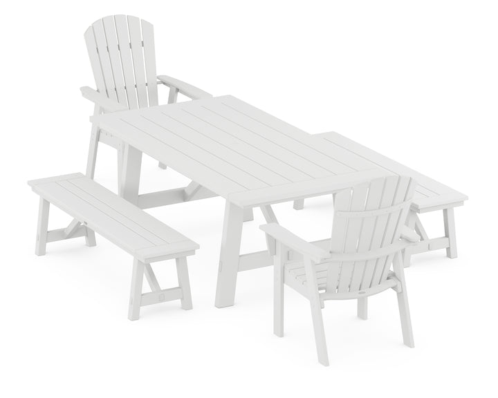 POLYWOOD® Nautical Curveback Adirondack 5-Piece Rustic Farmhouse Dining Set With Benches