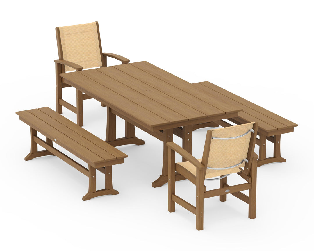 POLYWOOD® Coastal 5-Piece Farmhouse Dining Set with Trestle Legs and Benches