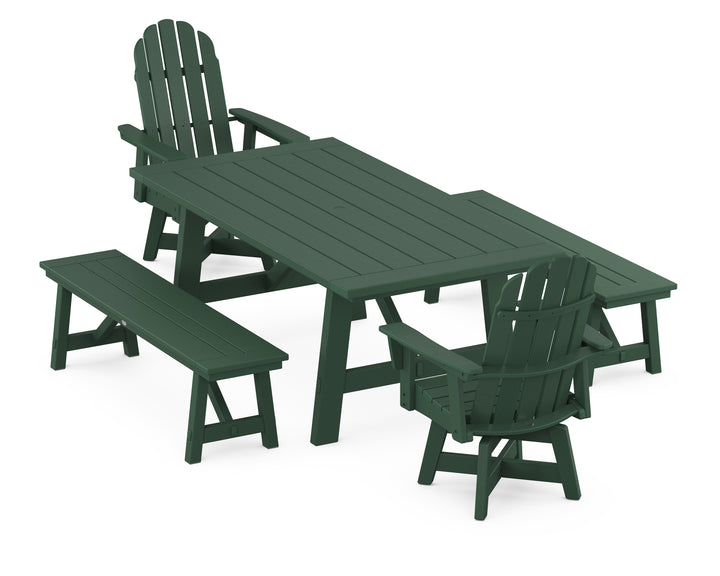 POLYWOOD® VineyardCurveback Adirondack Swivel Chair 5-Piece Rustic Farmhouse Dining Set With Benches