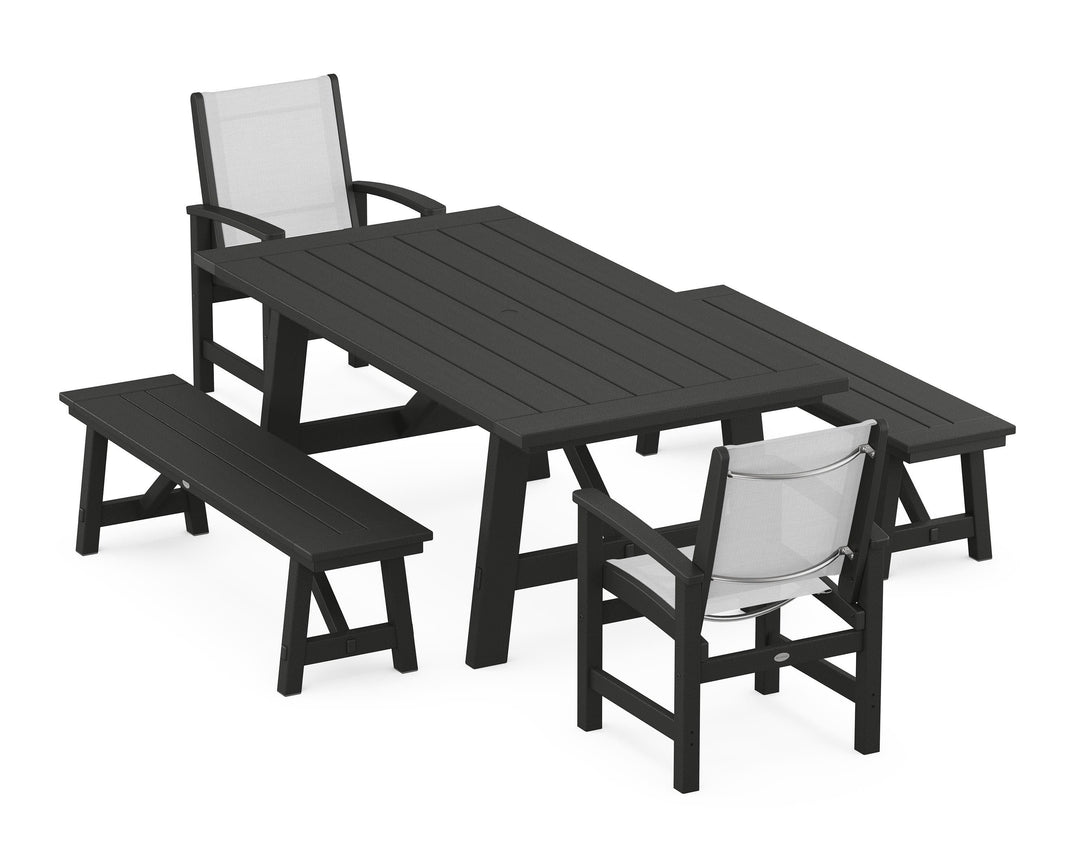 POLYWOOD® Coastal 5-Piece Rustic Farmhouse Dining Set With Benches