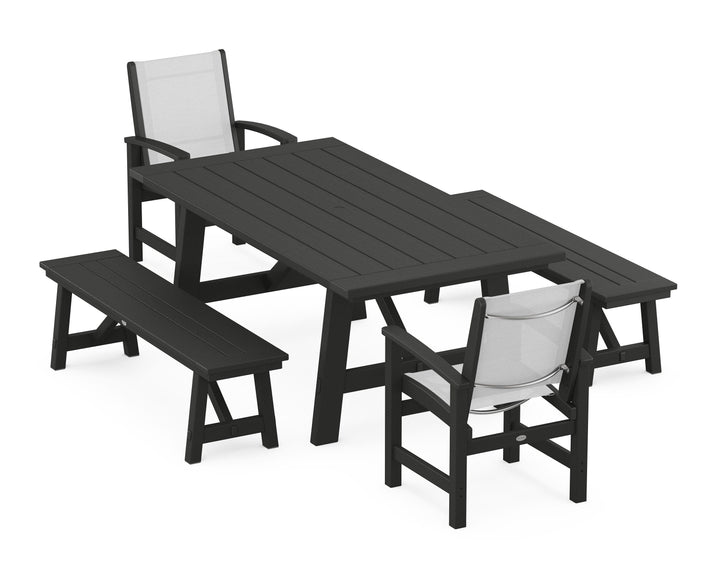 POLYWOOD® Coastal 5-Piece Rustic Farmhouse Dining Set With Benches