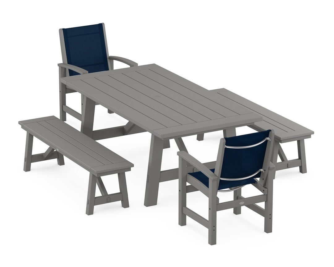 POLYWOOD® Coastal 5-Piece Rustic Farmhouse Dining Set With Benches