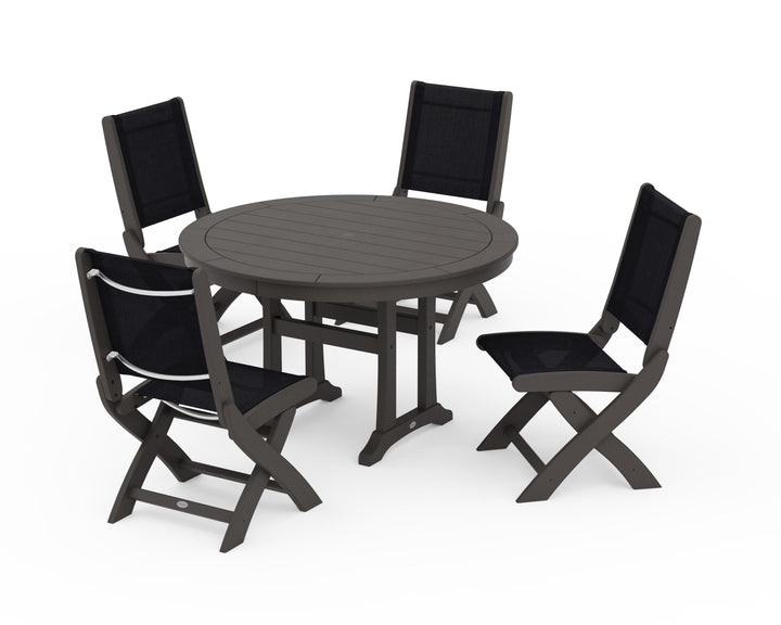 POLYWOOD® Coastal Folding Side Chair 5-Piece Round Dining Set With Trestle Legs