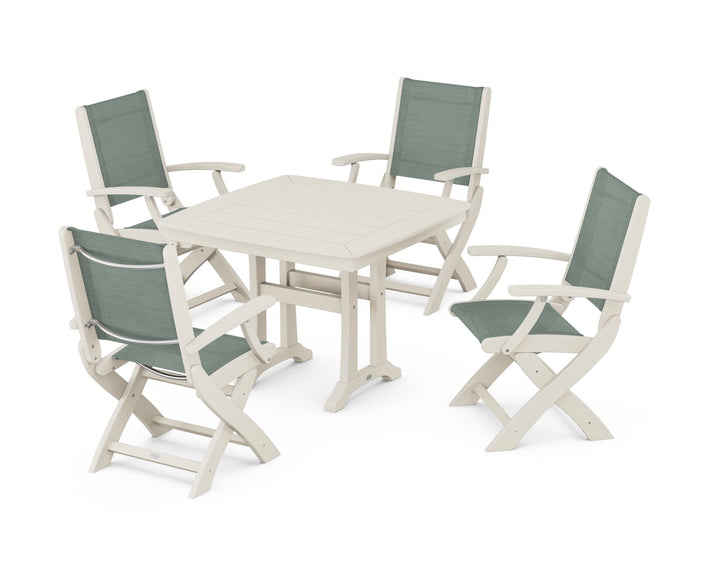 POLYWOOD® Coastal Folding Chair 5-Piece Dining Set with Trestle Legs