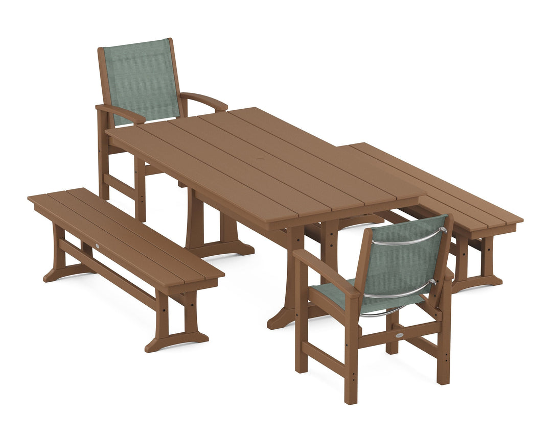 POLYWOOD® Coastal 5-Piece Farmhouse Dining Set with Trestle Legs and Benches