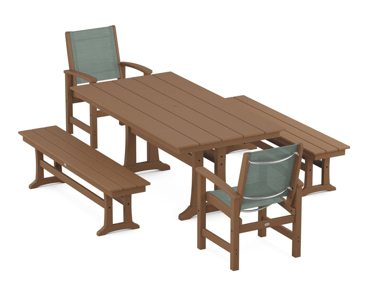 POLYWOOD® Coastal 5-Piece Farmhouse Dining Set with Trestle Legs and Benches