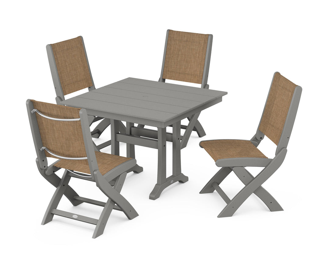 POLYWOOD® Coastal Folding Side Chair 5-Piece Farmhouse Dining Set With Trestle Legs