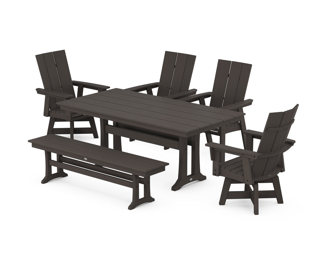 POLYWOOD® Modern Curveback Adirondack Swivel Chair 6-Piece Farmhouse Dining Set With Trestle Legs and Bench