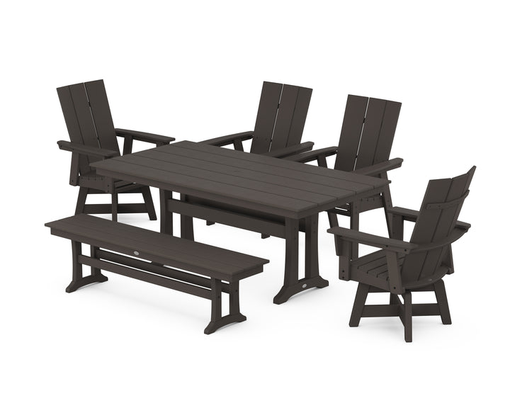 POLYWOOD® Modern Curveback Adirondack Swivel Chair 6-Piece Farmhouse Dining Set With Trestle Legs and Bench