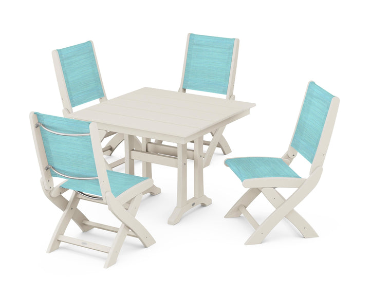 POLYWOOD® Coastal Folding Side Chair 5-Piece Farmhouse Dining Set With Trestle Legs