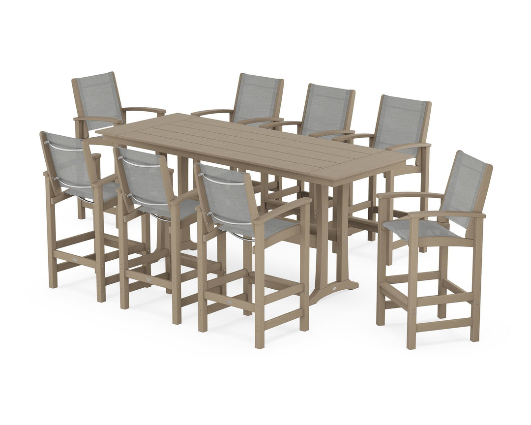POLYWOOD® Coastal 9-Piece Farmhouse Bar Set with Trestle Legs