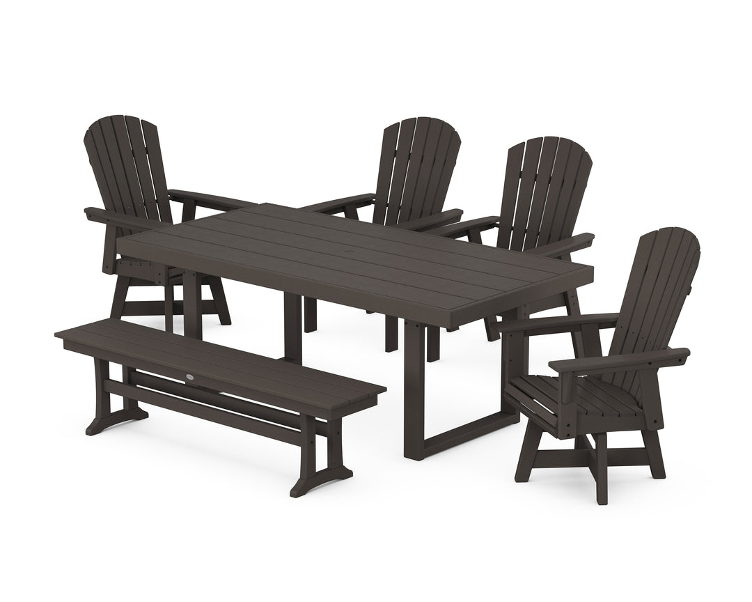POLYWOOD® Nautical Curveback Adirondack Swivel Chair 6-Piece Dining Set with Bench