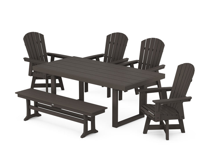 POLYWOOD® Nautical Curveback Adirondack Swivel Chair 6-Piece Dining Set with Bench