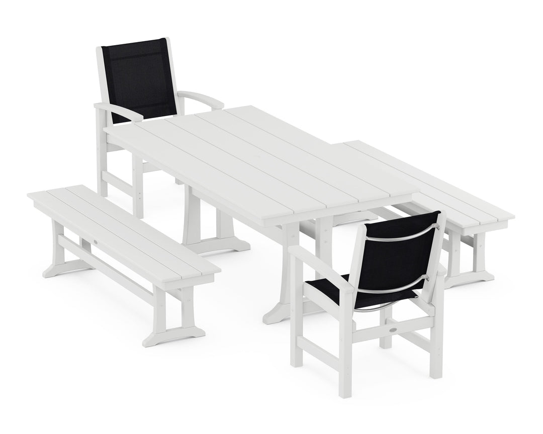 POLYWOOD® Coastal 5-Piece Farmhouse Dining Set with Trestle Legs and Benches