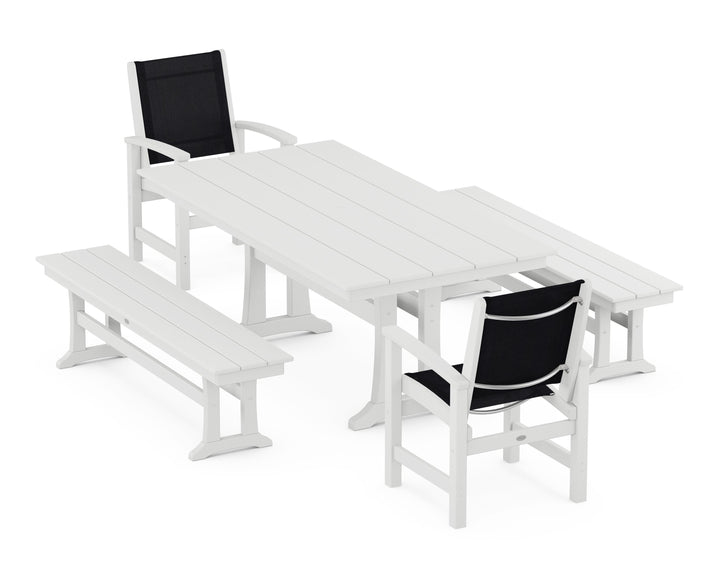 POLYWOOD® Coastal 5-Piece Farmhouse Dining Set with Trestle Legs and Benches