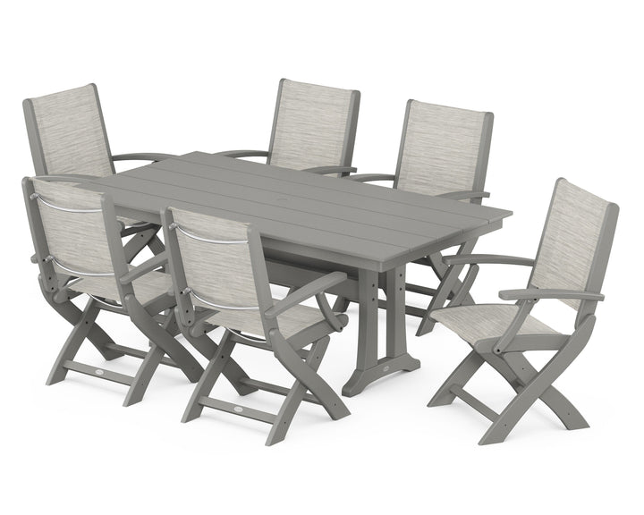 POLYWOOD® Coastal Folding Arm Chair 7-Piece Farmhouse Dining Set with Trestle Legs