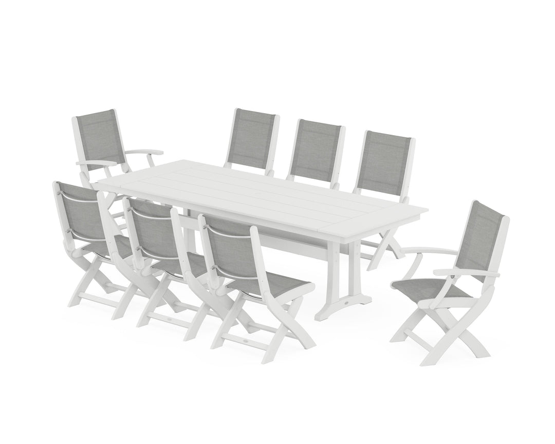 POLYWOOD® Coastal 9-Piece Folding Dining Chair Farmhouse Dining Set with Trestle Legs