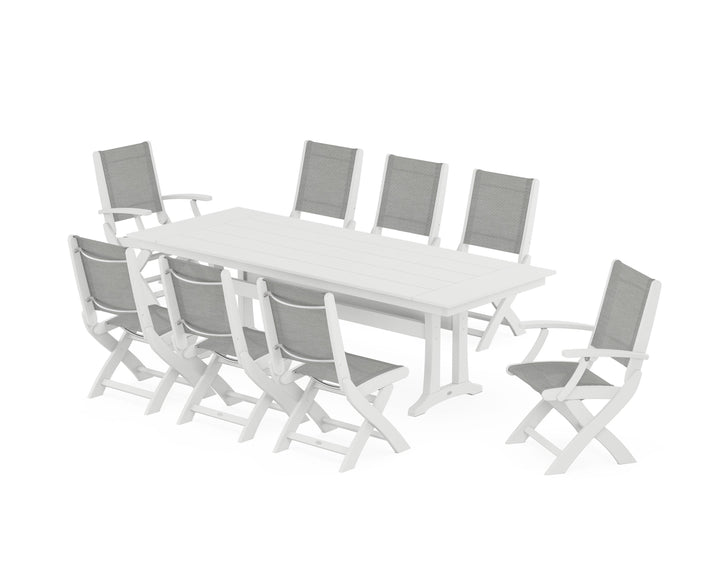 POLYWOOD® Coastal 9-Piece Folding Dining Chair Farmhouse Dining Set with Trestle Legs
