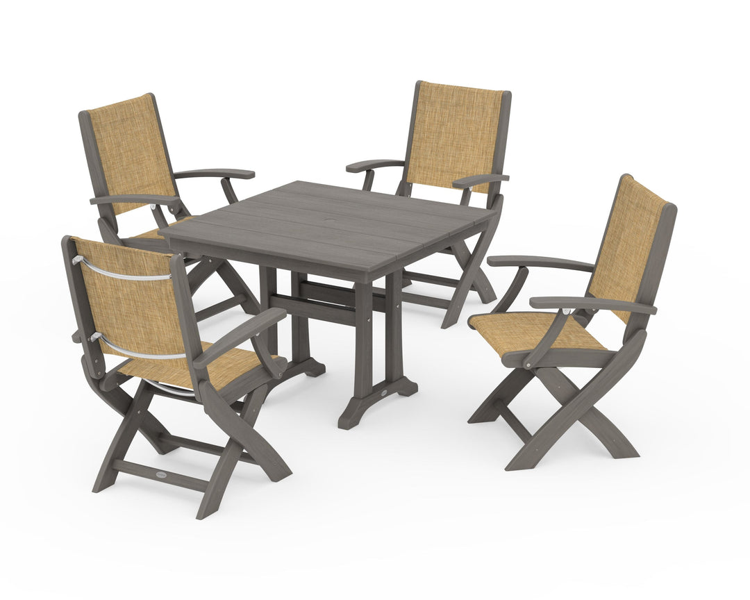 POLYWOOD® Coastal Folding Chair 5-Piece Farmhouse Dining Set With Trestle Legs
