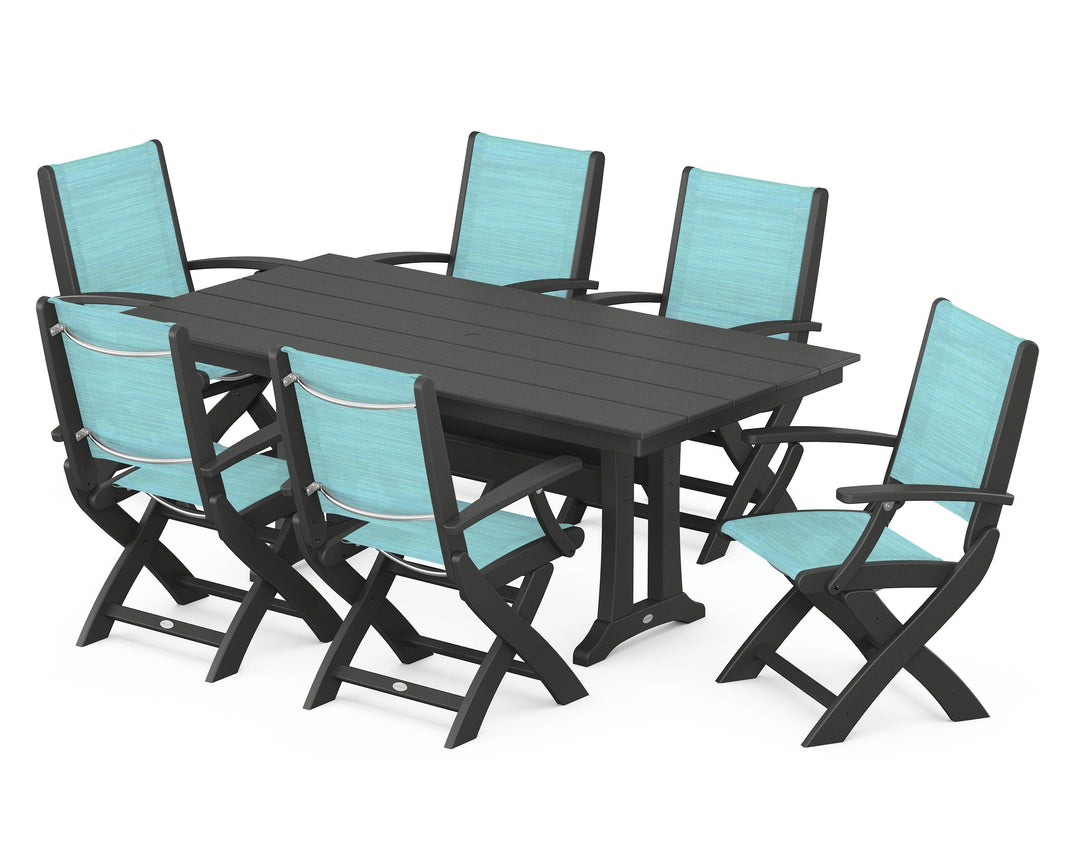 POLYWOOD® Coastal Folding Arm Chair 7-Piece Farmhouse Dining Set with Trestle Legs