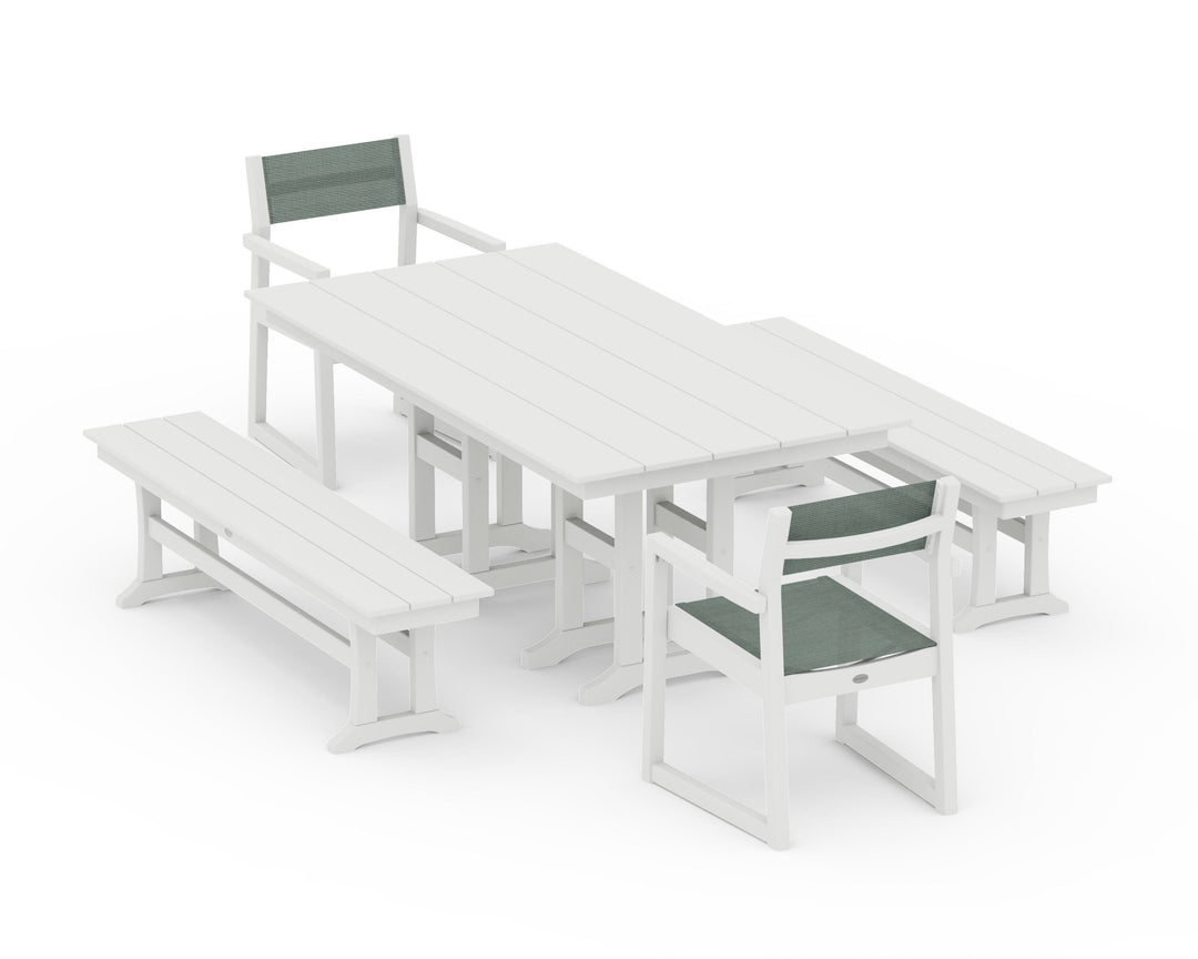 POLYWOOD® EDGE Sling Arm Chair 5-Piece Farmhouse Dining Set with Benches