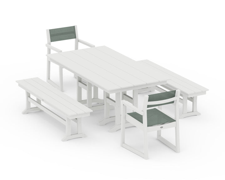 POLYWOOD® EDGE Sling Arm Chair 5-Piece Farmhouse Dining Set with Benches