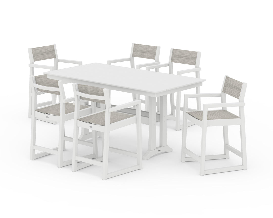 POLYWOOD® EDGE Sling Arm Chair 7-Piece Farmhouse Counter Set with Trestle Legs