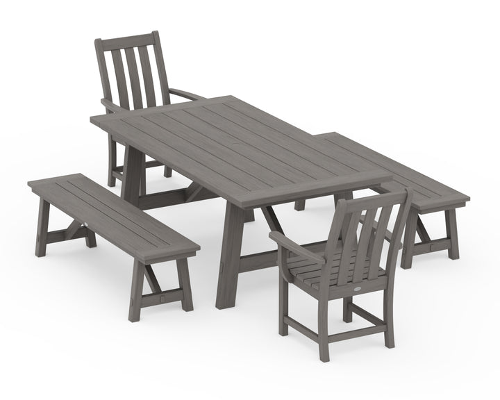POLYWOOD® Vineyard 5-Piece Rustic Farmhouse Dining Set With Benches