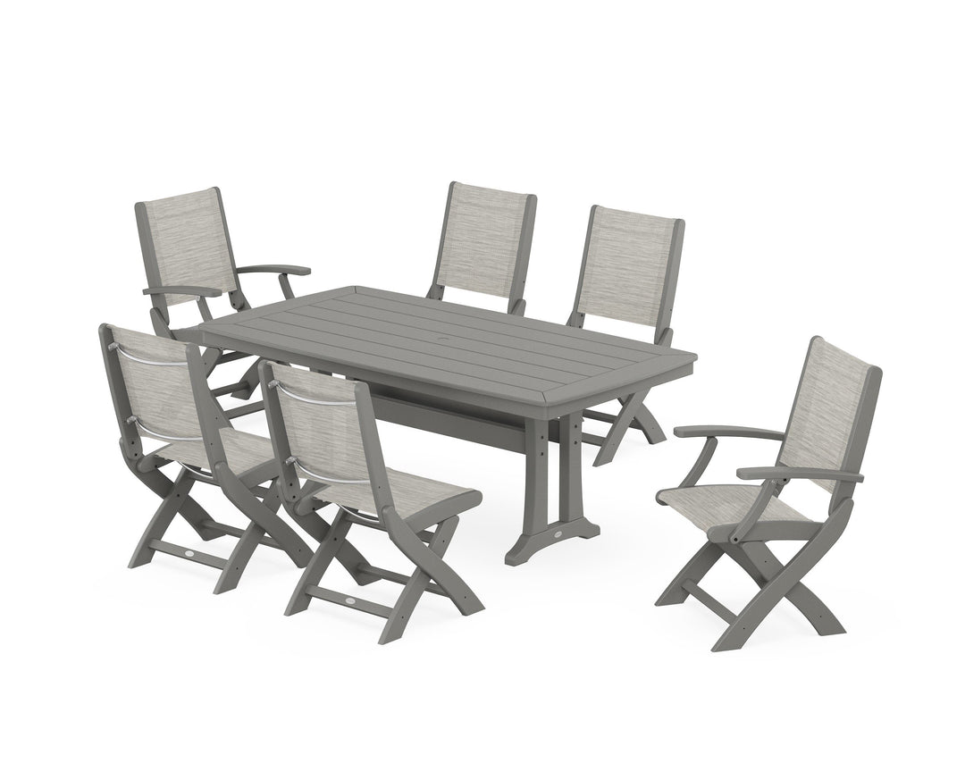 POLYWOOD® Coastal Folding Chair 7-Piece Dining Set with Trestle Legs