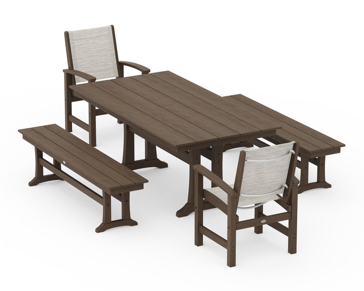 POLYWOOD® Coastal 5-Piece Farmhouse Dining Set with Trestle Legs and Benches