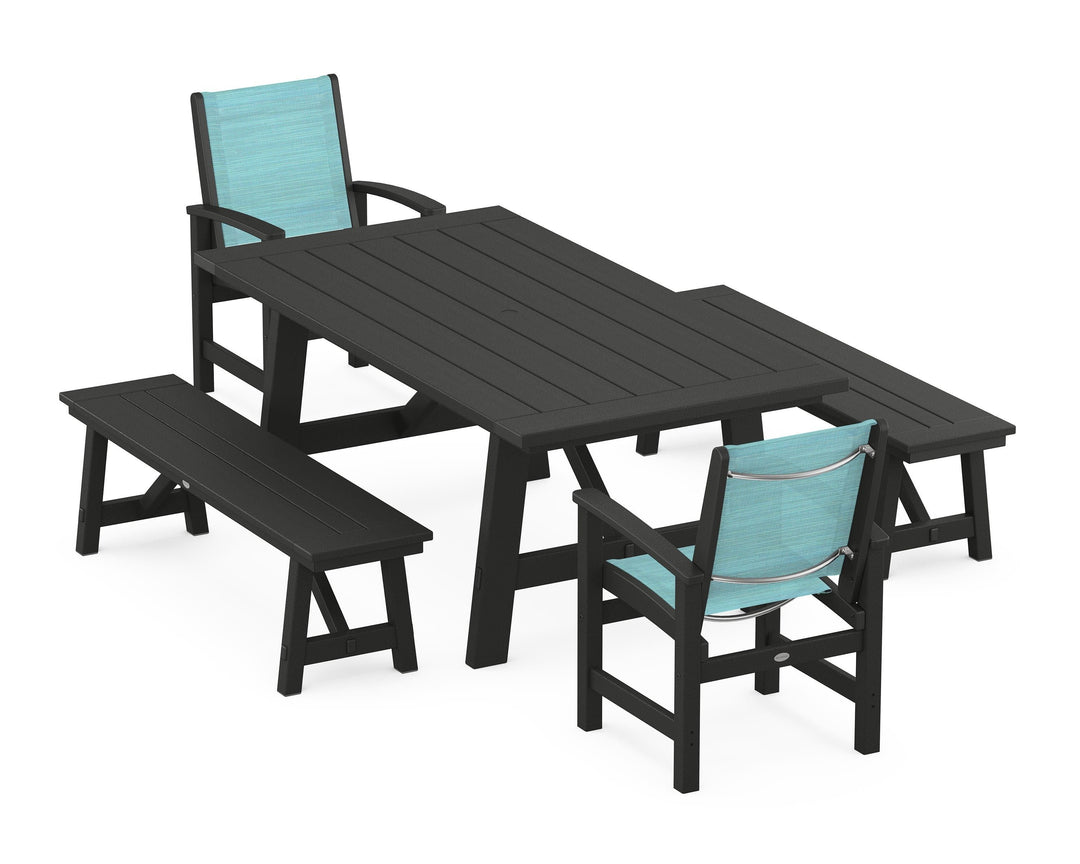 POLYWOOD® Coastal 5-Piece Rustic Farmhouse Dining Set With Benches