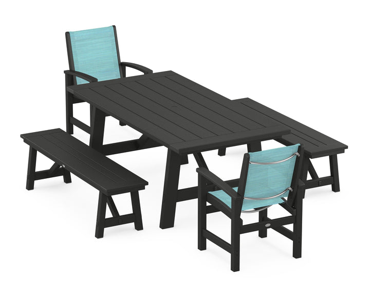 POLYWOOD® Coastal 5-Piece Rustic Farmhouse Dining Set With Benches