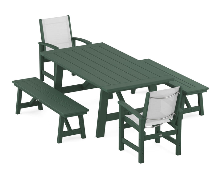 POLYWOOD® Coastal 5-Piece Rustic Farmhouse Dining Set With Benches