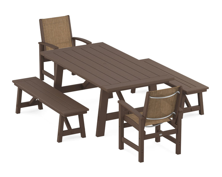 POLYWOOD® Coastal 5-Piece Rustic Farmhouse Dining Set With Benches